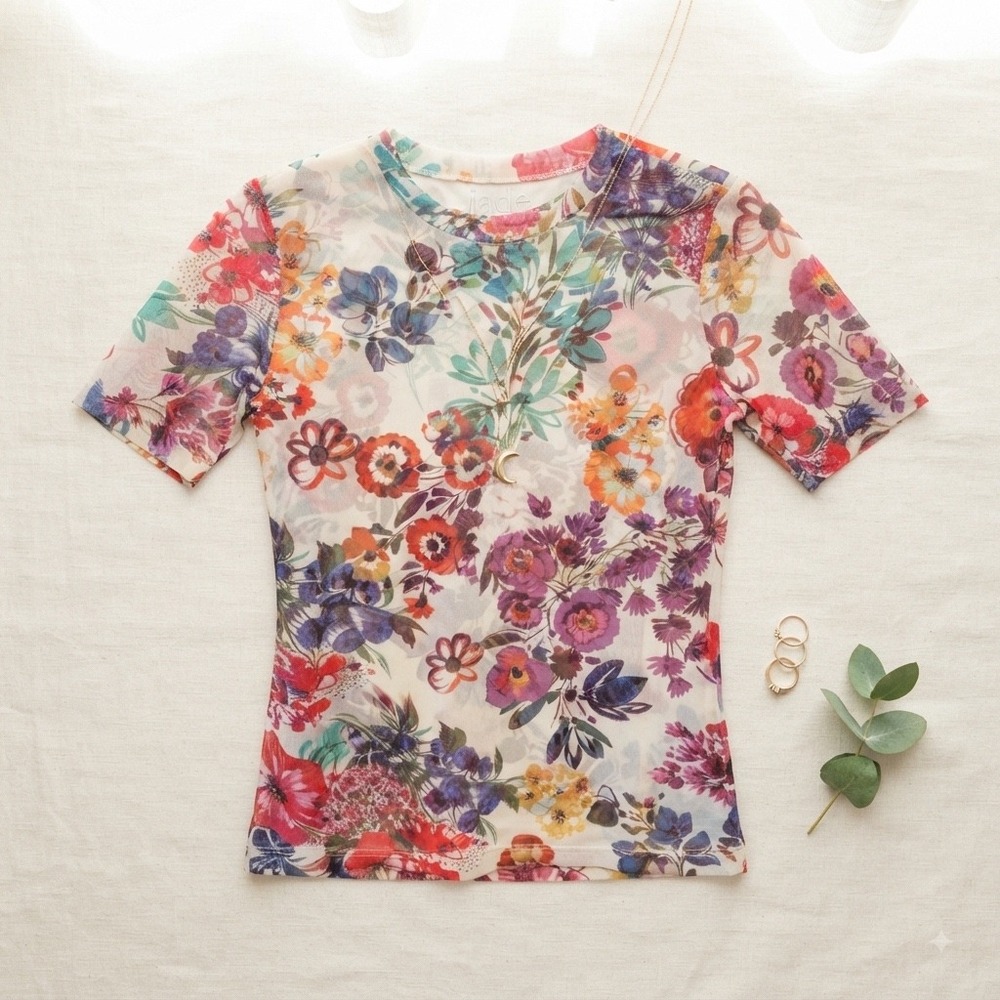 Johnny Was Jade Mesh Top Women XS Floral Short Sleeve Evalon Tee Boho R16725-3